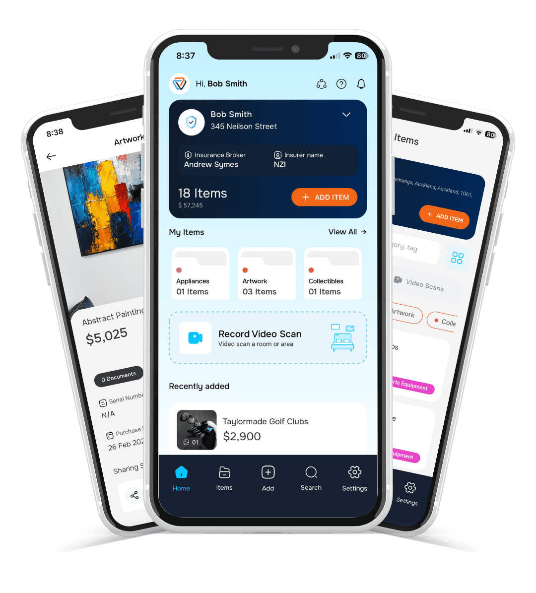 insureVault mobile app shown across three smartphone screens